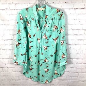 Wishful Park Seafoam Green Floral Cow Skull Lightweight Shirt Women’s Size Large